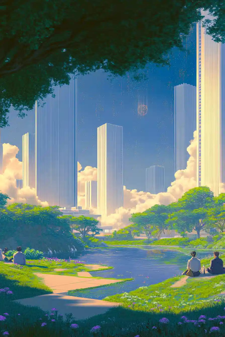People sitting on grass near the pond with a futuristic city skyline in the background