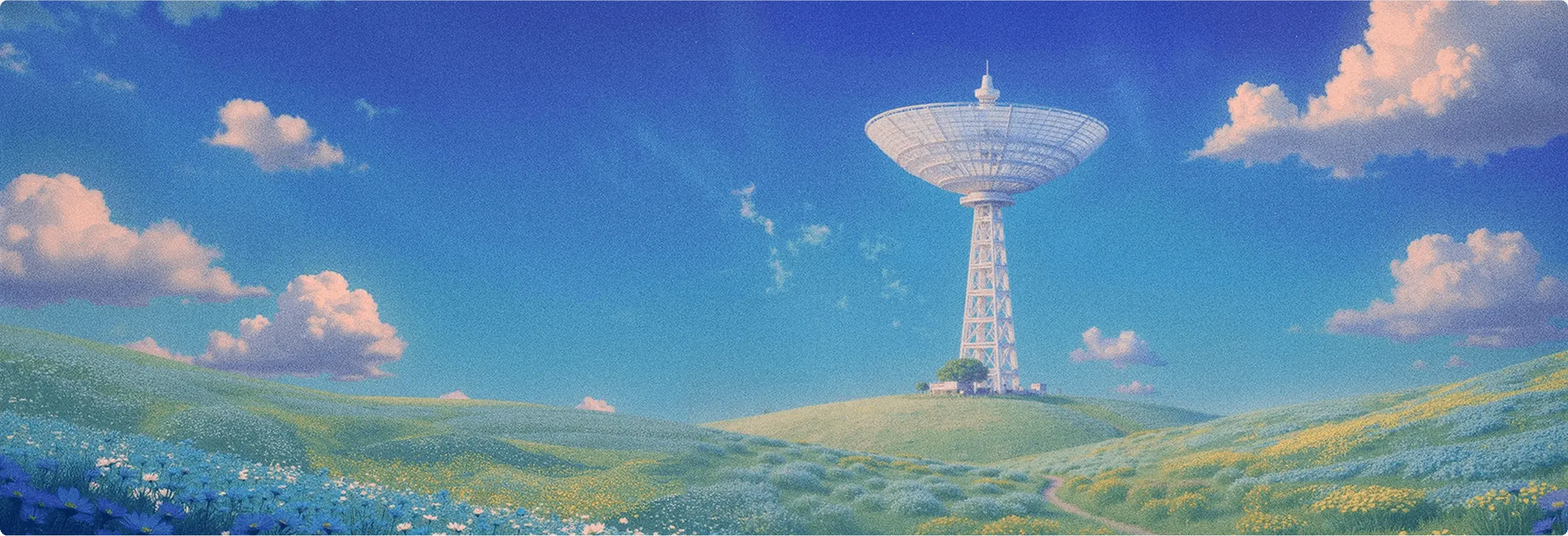 Illustration of a futuristic satellite receiver in a rural setting
