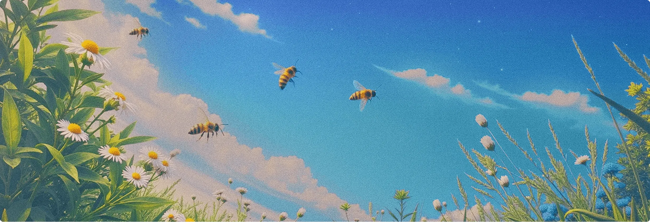 Illustration of productive bees in a grassy meadow