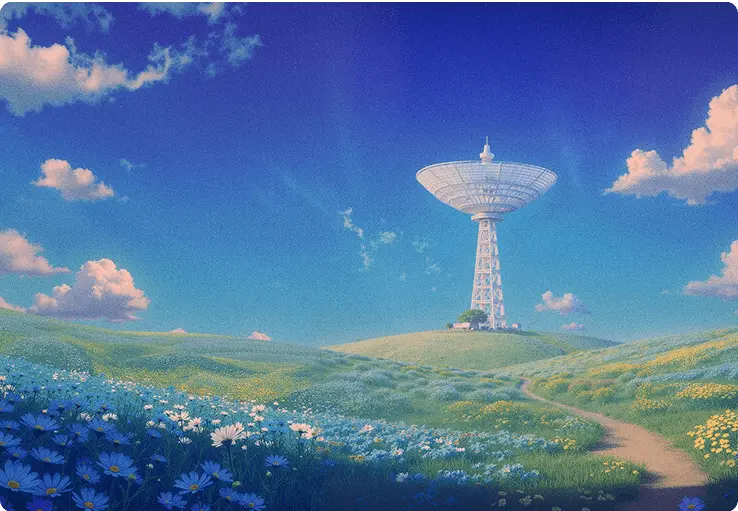 Illustration of a futuristic satellite receiver in a rural setting