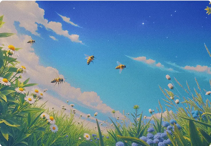 Illustration of productive bees in a grassy meadow