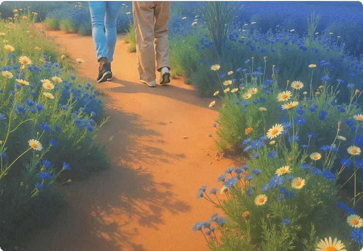 Illustration of people walking down a flowery path
